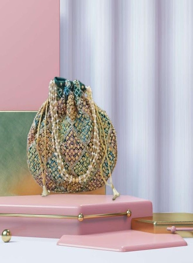 SuneshCreation Pearl Handle Vintage Floral Knitted Drawstring Potli Bag,Multicolour Pattern, Casual Style,Evening Wedding Party Festival Purse (green) - Image 2